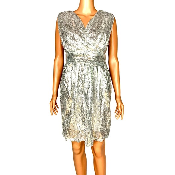 Fashion Classic Fashion Collection Dresses & Skirts - Fashion Classic Fashion Sequin Faux-Wrap Sheath Dress Silver M (US 6-8)